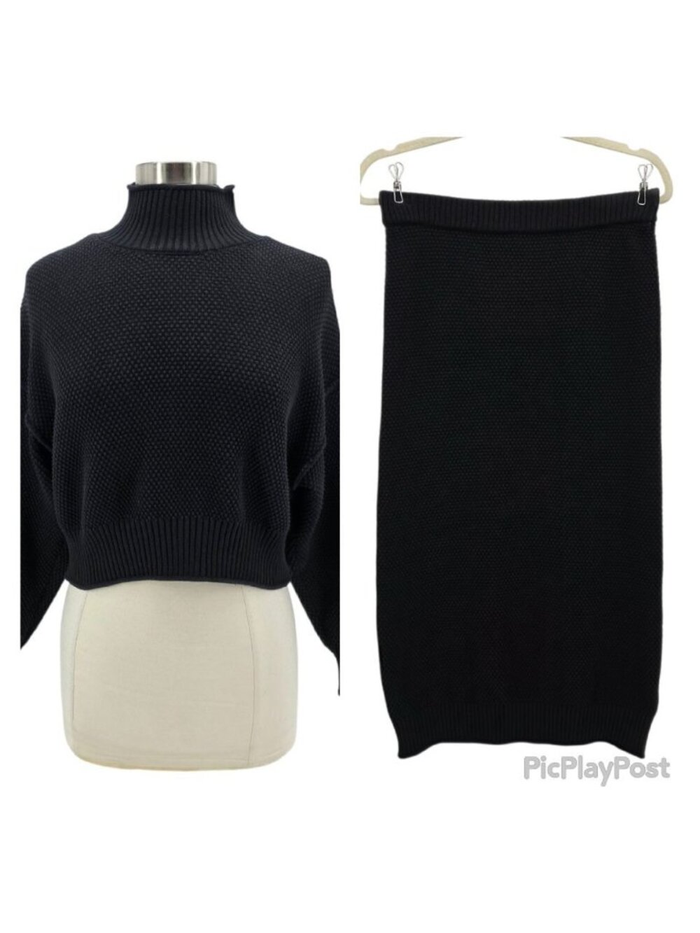 Free People FP Beach Womens Small Hailee Sweater Skirt Set Black Cotton Cropped